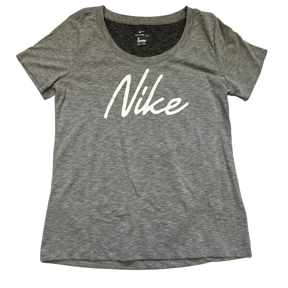 Nike Dri-Fit Women's Gray Script Logo Tee‎ Shirt Size M Activewear Top